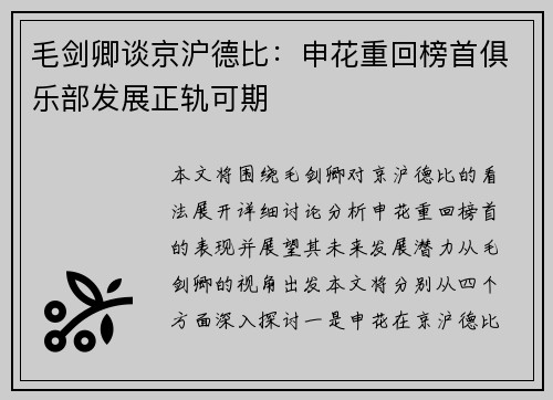 毛剑卿谈京沪德比：申花重回榜首俱乐部发展正轨可期