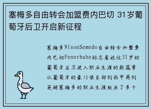 塞梅多自由转会加盟费内巴切 31岁葡萄牙后卫开启新征程