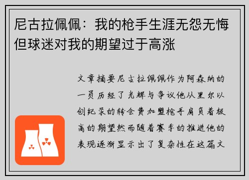 尼古拉佩佩:我的枪手生涯无怨无悔但球迷对我的期望过于高涨