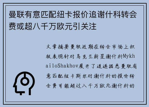 曼联有意匹配纽卡报价追谢什科转会费或超八千万欧元引关注
